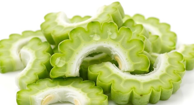 Fresh Green Bitter Melon Slices on White Background - Powered by Adobe