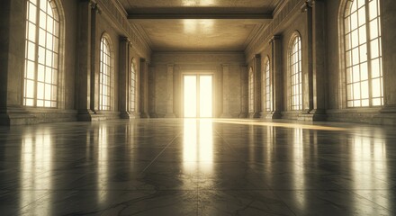 Empty hall with tall windows and marble floor