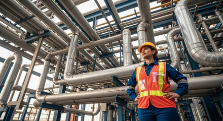 Professional female engineer in a hard hat and safety vest proudly overseeing a complex industrial piping system at a plant.