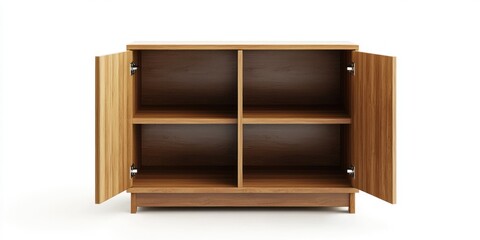 Naklejka premium A wooden cabinet with four shelves is shown open, revealing the interior. The cabinet has a warm, brown finish and is constructed of wood