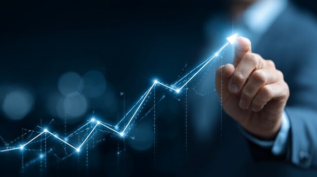 Businessman analyzing financial growth with business graph, stock profit chart, investment strategy, marketing plan, and upward arrow on blue background showing business improvement, market data analy - Powered by Adobe