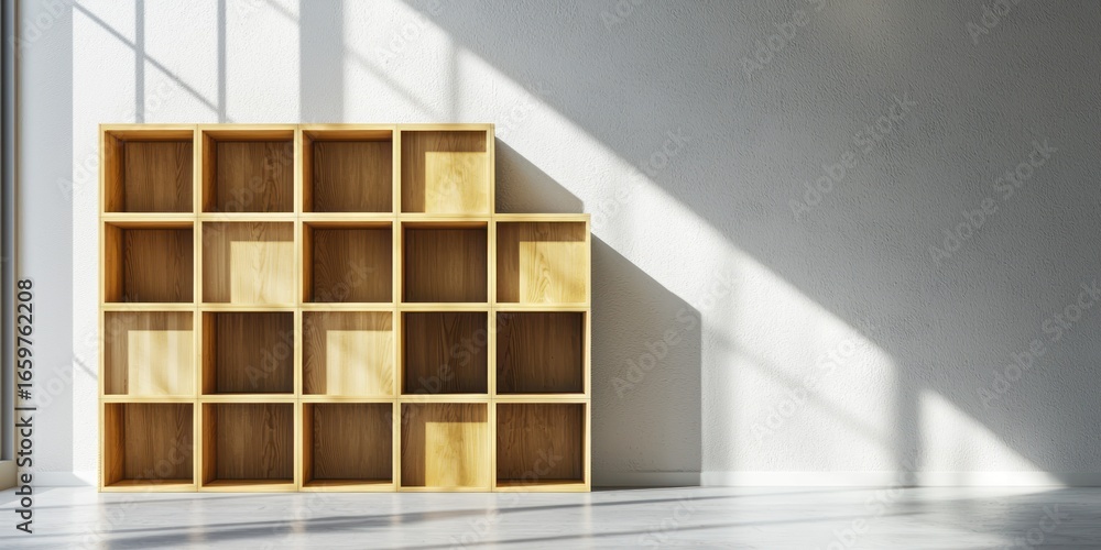 Aufkleber a wooden bookshelf stands in a bright room, illuminated by sunlight streaming through a window. the 