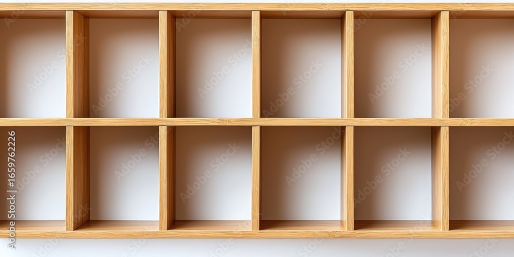 Poster a wooden shelf unit is displayed against a black background. the shelf has multiple compartments, cr