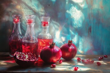 Glasses of fresh pomegranate juice with ripe fruits on wooden table in artistic vibrant style.