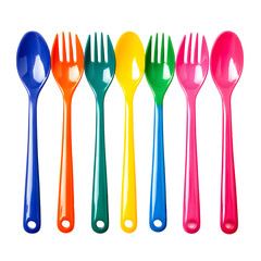 Vibrant Assortment of Colorful Plastic Spoons and Forks Arranged Neatly