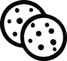 Simple iconography of two round cookies with chocolate chips perfect for food blogs websites or packaging designs showing delicious baked goods