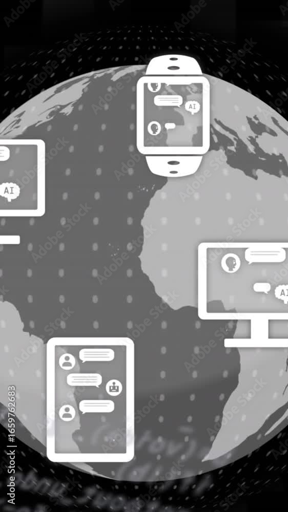 Poster animation of icons, rotating globe and computer language over black background