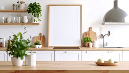 Modern kitchen with blank framed art