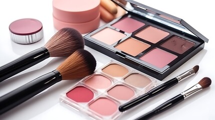 A designer eyeshadow palette, luxury lip gloss, and a soft blush brush placed on a white background with soft, clean shadows and reflections. Full frame .