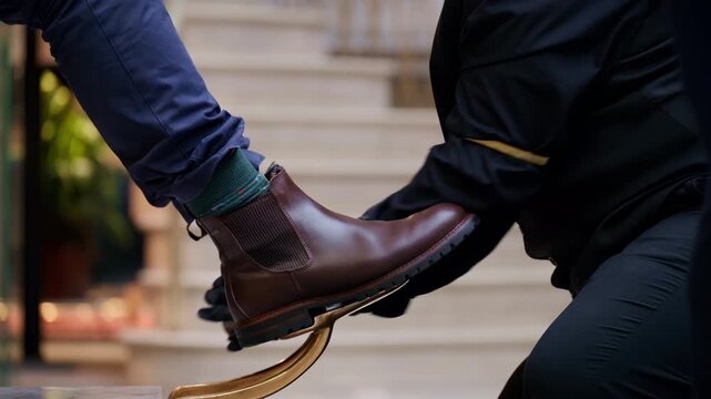 Close-up of a brown leather boot being polished by a shoeshiner wearing black gloves on a vintage shoe shine stand in London, England