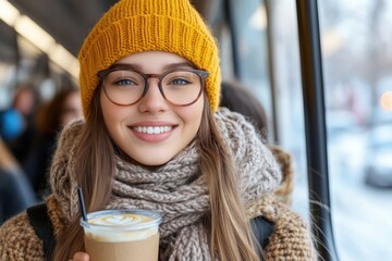 Smiling young woman in yellow hat holding coffee cup enjoying casual lifestyle in city.