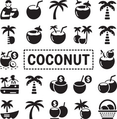 Coconut Vector Icons, Black & Line Art Graphics