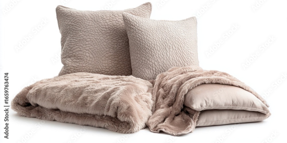 Poster a plush, textured throw blanket and pillows are arranged on a white surface. the blanket is a muted,