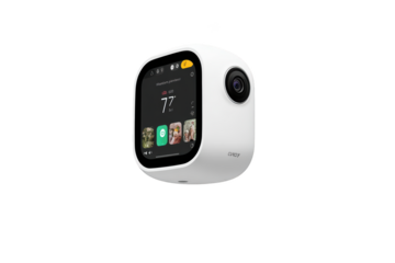 White smart device with touchscreen, camera, temperature display, and music app icons