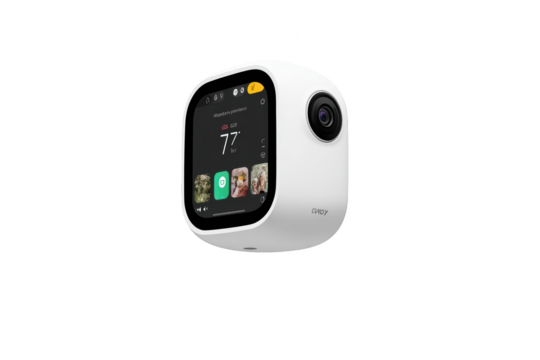 White smart device with touchscreen, camera, temperature display, and music app icons