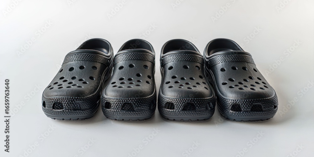 Poster four black croc clogs are arranged in a row on a white surface. the clogs are dark gray and have a t