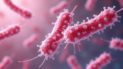 Fototapeta premium Microscopic image of a pathogenic microbe found in meat, Salmonella prominently displayed.