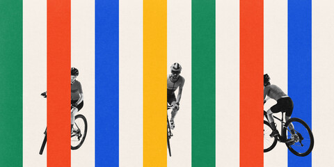 Fototapeta premium Composite image. Cyclists riding behind vertical color stripes. Coordination and rhythm. Visual pace of group ride. Artwork in Bauhaus style. Concept of sport, motion, pattern and sync.