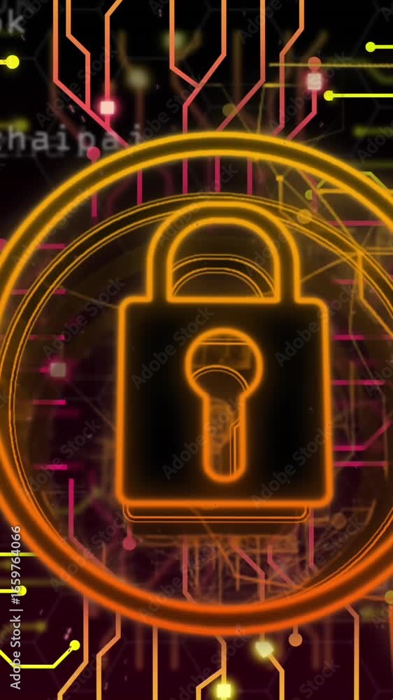 Poster animation of padlock in circles and circuit board pattern over black background
