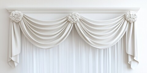 A luxurious valance with draped fabric and floral embellishments is mounted on a decorative molding. The valance features a classic, elegant design 