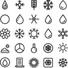 Collection of weather icons symbolizing precipitation sun snowflakes and climate conditions for weather apps and forecast displays