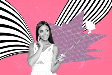 Collage of stylish person with hypnotic swirl and geometric pattern black white waves background in...