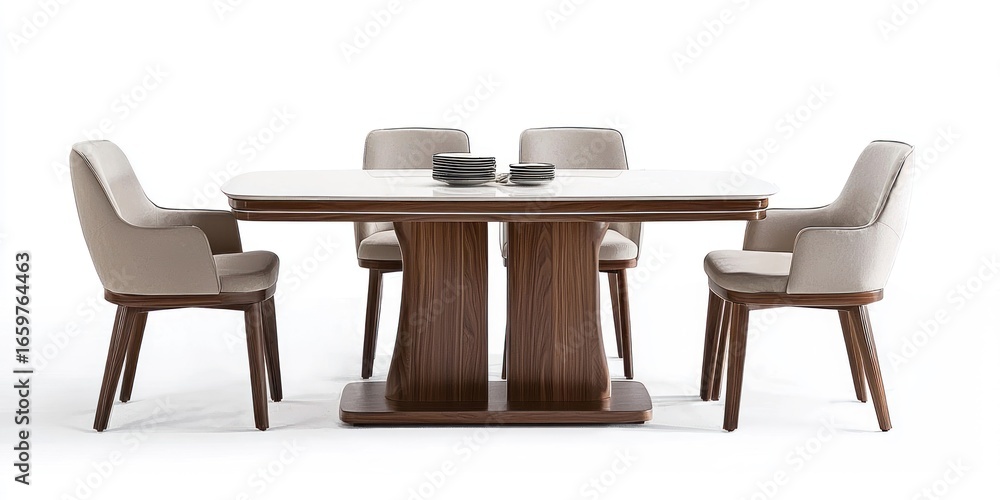 Poster a modern dining set consists of a rectangular table and six upholstered armchairs. the table feature
