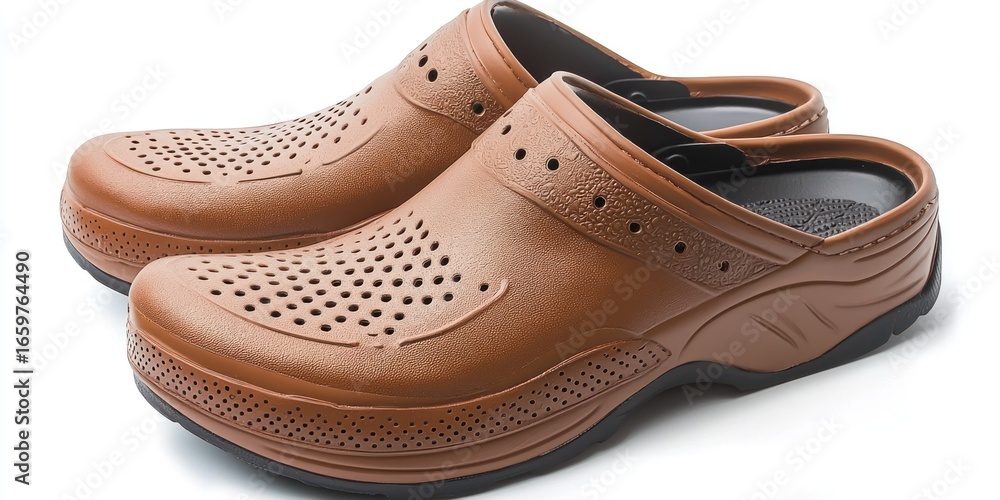 Poster a pair of brown, perforated clogs sits on a white surface. the clogs have a rounded shape with a cus
