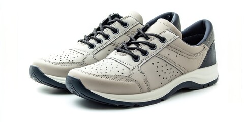 A pair of light gray leather sneakers sits on a white surface. The shoes have a rounded toe, perforations on the upper, and a thick, cushioned sole. 