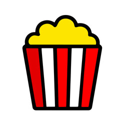 Popcorn in red striped box icon. Great for cinema, movie night, snack illustration, fast food design, and entertainment concept.