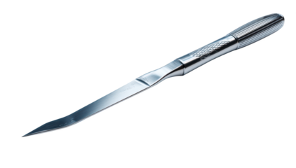 Polished metal letter opener with a sleek, angled blade, isolated