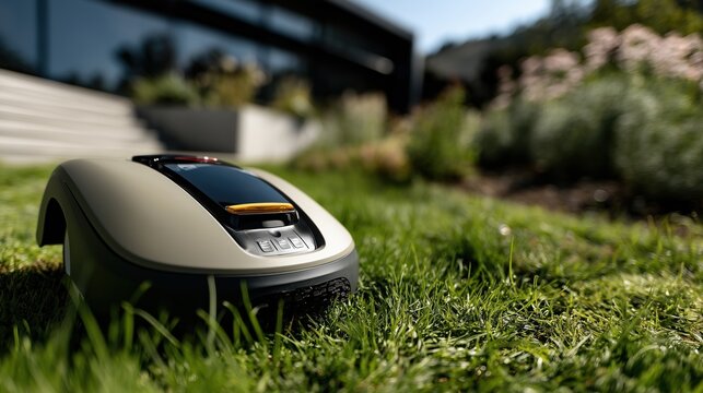 Robot tondeuse automatique travaillant sur une pelouse verte luxuriante