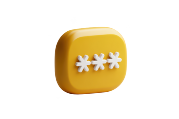 Yellow, 3D password icon, three white asterisks, secure, on black background