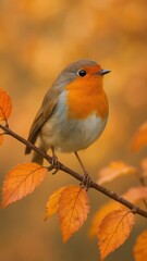 Fototapeta premium Vibrant robin perched autumn branch.