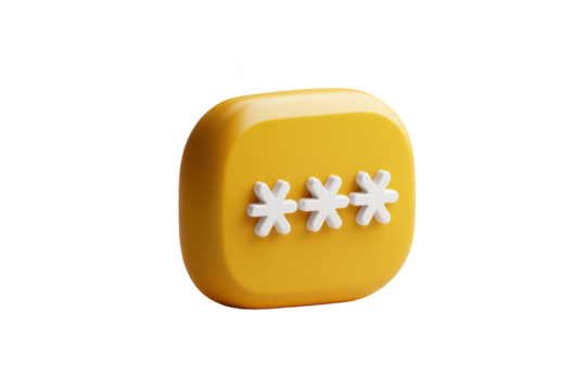 Yellow, 3D password icon, three white asterisks, secure, on black background
