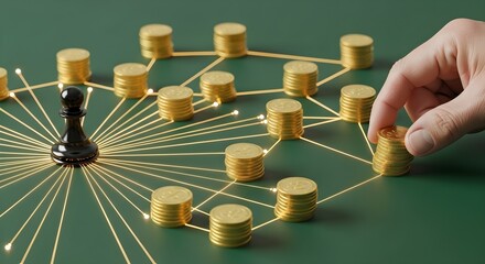 Chess pawn symbolizing financial strategy with interconnected coins and a hand adding to a stack.