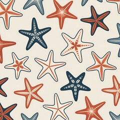 Seamless Starfish Pattern with Red and Blue Colors on Beige Background Nautical Theme Ocean Life Summer Vibes Textile Design