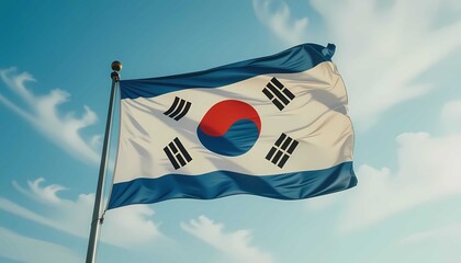 South Korea national flag Taegeukgi waving proudly in blue sky, symbol of culture, identity, patriotism