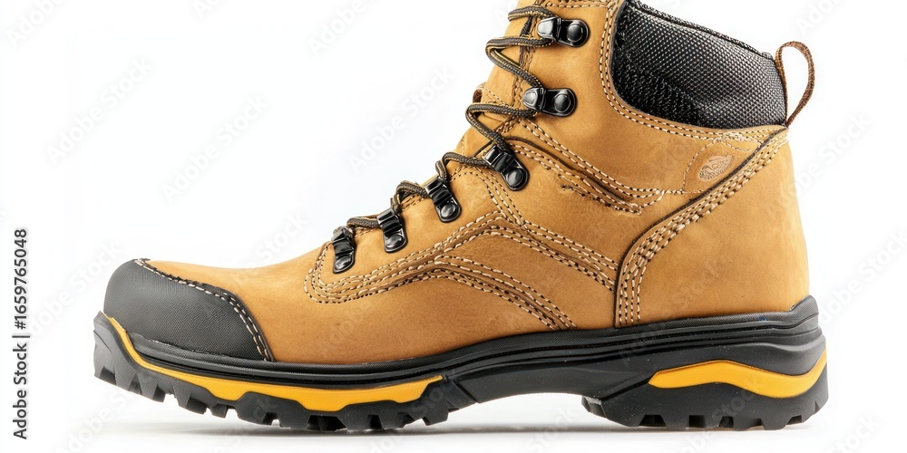 Poster a side view of a tan leather hiking boot with black laces and a yellow-accented midsole. the boot ha