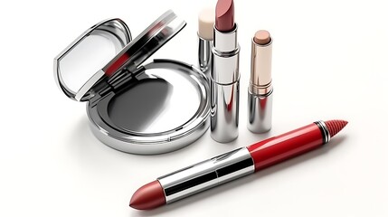 A high-end red lipstick, a silver compact with highlighter, and a set of luxurious makeup brushes resting on a pristine white surface, with sharp shadows. Full frame .