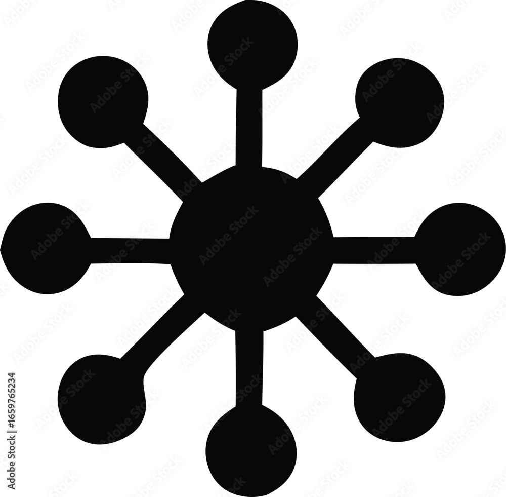 Poster abstract black icon representing network connections and central hub linking outward dots concept of