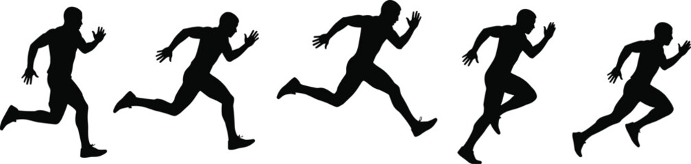 Running man silhouette vector set, athletic motion sequence, sprinting poses, human stride cycle, sports training illustration, black isolated figures, fitness concept