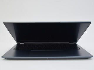 Half-open modern laptop on white background, minimalist concept of portable computer, technology,...