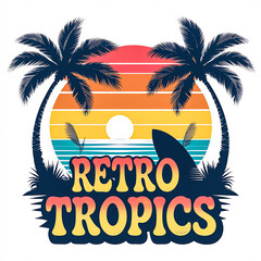 Fototapeta premium Retro Summer Fever Sunset Palm Tree Graphic Illustration for Trendy Beach Vibes and Tropical Vacation T-Shirt Design 