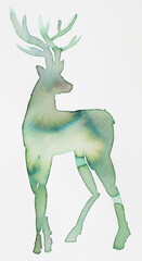 Artistic watercolor illustration of a reindeer with vibrant colors and intricate antlers