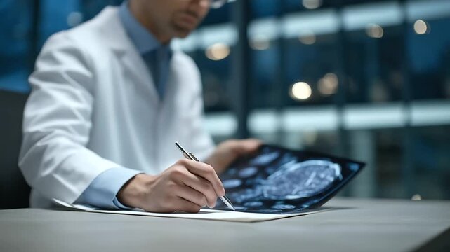 Doctor annotating suspicious brain scan region for diagnosis