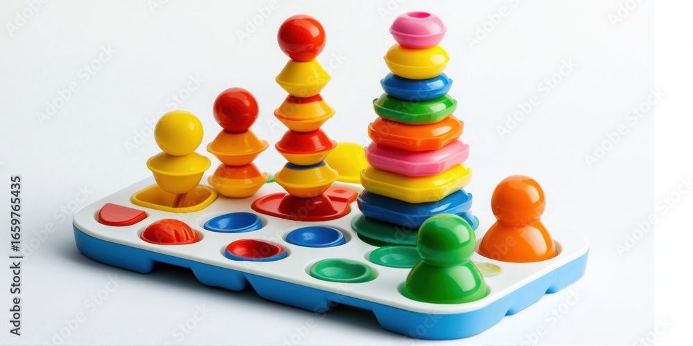 Aufkleber a colorful stacking toy sits on a white surface. the toy consists of a blue base with colored pegs t