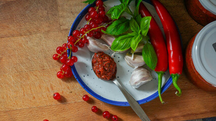 Close-up of ingredients for spicy jam, salsa or adjika by the glass jars. Arranged red currant, chili peppers, garlic cloves, basil and bell peppers. Homemade preserves on wooden board