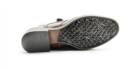A close-up shot of the bottom of a brown leather loafer shoe. The sole is made of a dark brown rubber material with a textured, diamond-patterned design. 