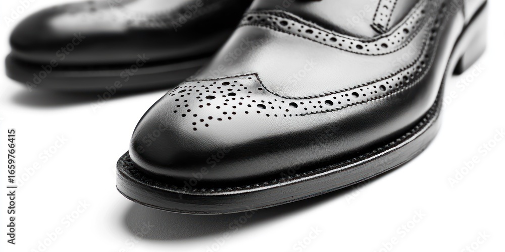 Poster two polished black leather brogues are displayed against a stark white background. the shoes have a 